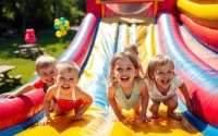 Kids having fun on a colorful inflatable slide rental, showcasing smiles and excitement at a lively outdoor event.