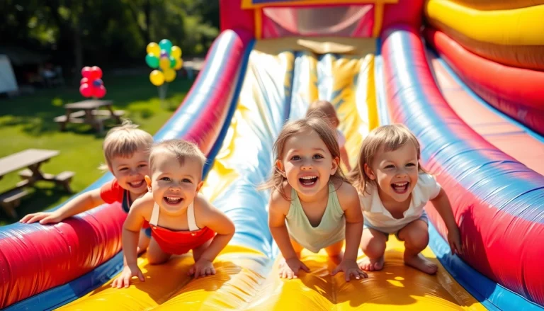 Kids having fun on a colorful inflatable slide rental, showcasing smiles and excitement at a lively outdoor event.
