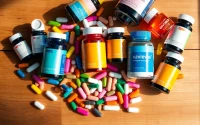 Showcase dietary supplements with vibrant colors and diverse capsules on a wooden surface.