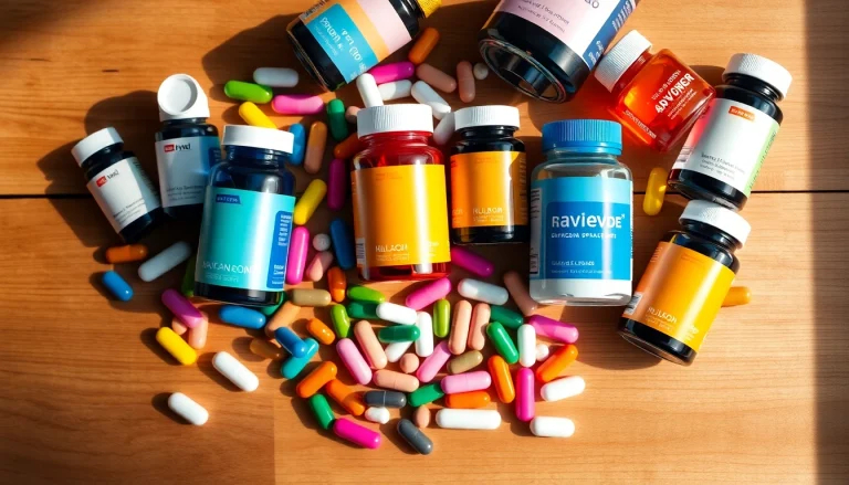 Showcase dietary supplements with vibrant colors and diverse capsules on a wooden surface.