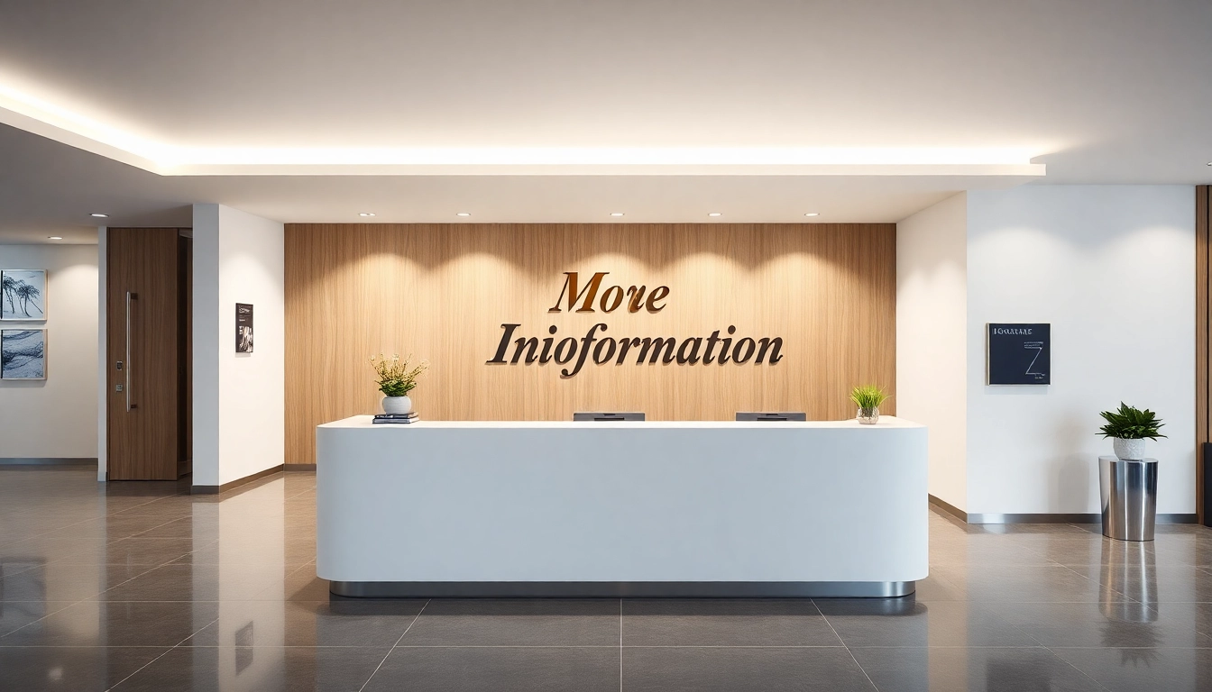 Get more information at a sleek, modern information desk with clear signage and bright ambiance.