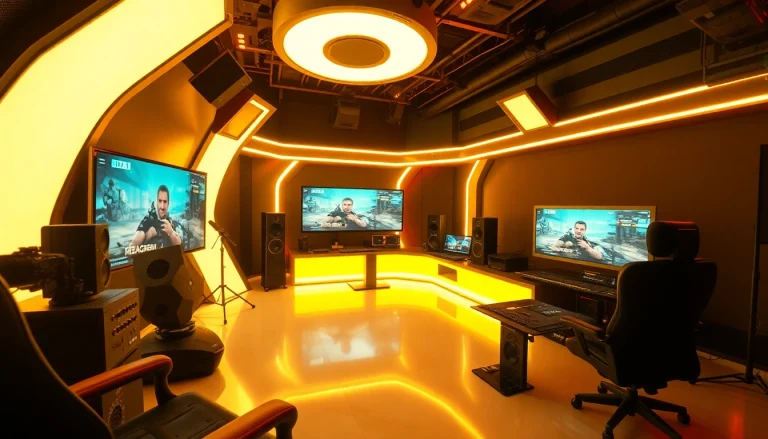 Editing a video in a high-tech studio with bright lights and multiple screens displaying various video clips.