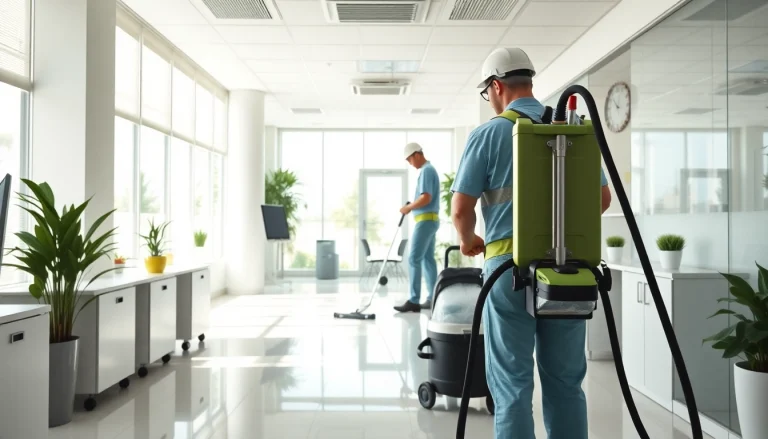 Jacksonville commercial cleaning team efficiently sanitizing a modern office space with professional equipment.