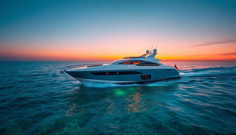 Yacht boat sailing gracefully in the sunset, showcasing its elegant design against tranquil waters.