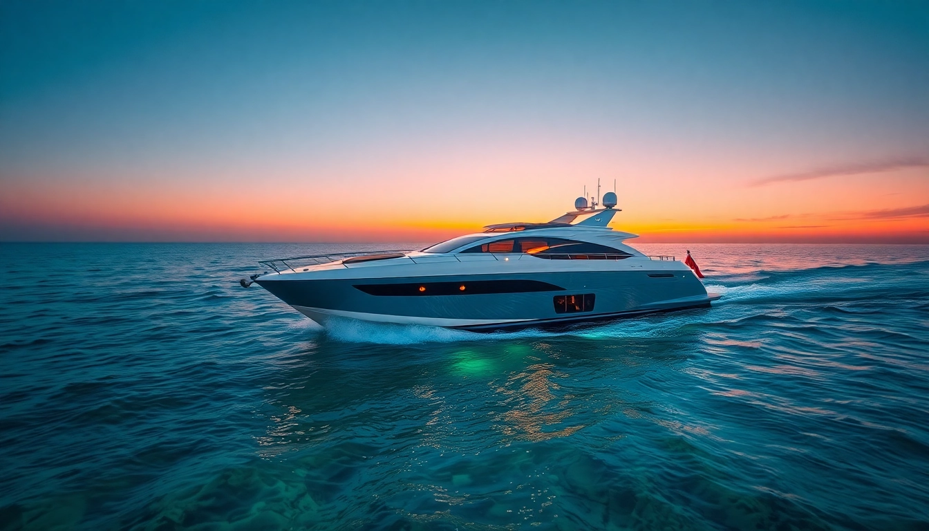 Yacht boat sailing gracefully in the sunset, showcasing its elegant design against tranquil waters.