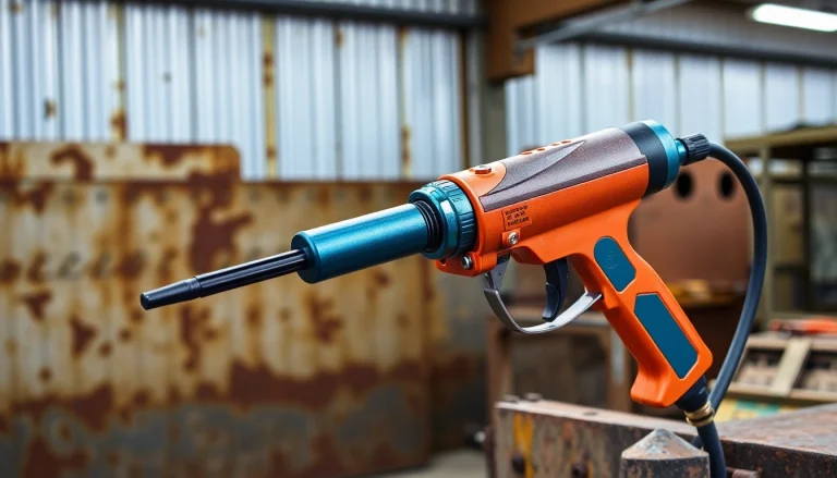 Using a powerful needle gun to efficiently remove rust and old paint from metal surfaces.
