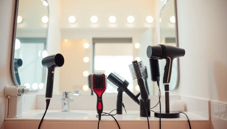 Explore heat tools for hair in a stylish display featuring a variety of styling tools and products.