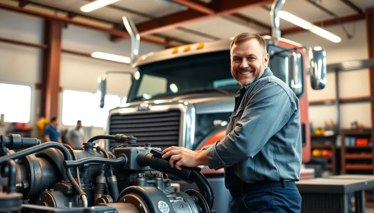 Mechanic performing affordable truck repair in a workshop, highlighting quality services and a friendly environment.