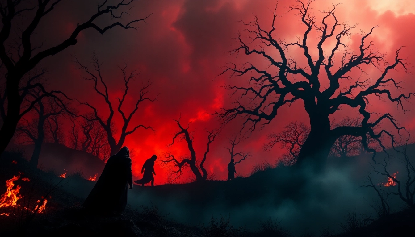 Experience a terrifying vision of hell with vivid flames and shadowy figures on HellHorror's page.