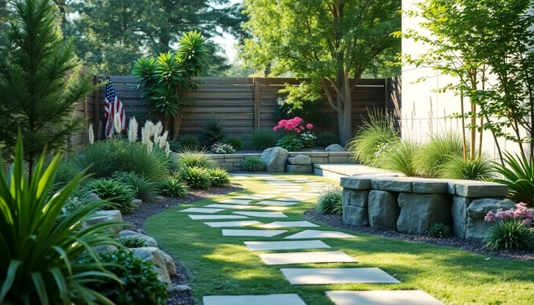 Showcase a landscape design service featuring a beautifully arranged garden with vibrant plants and intricate hardscaping elements.