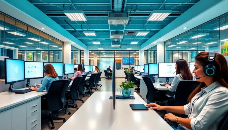 Dynamic team collaboration at a call center in Tijuana, highlighting a modern office environment with bilingual staff.