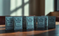 Showcasing White Fox Bahrain nicotine pouches attractively arranged on a table, highlighting their unique packaging design.