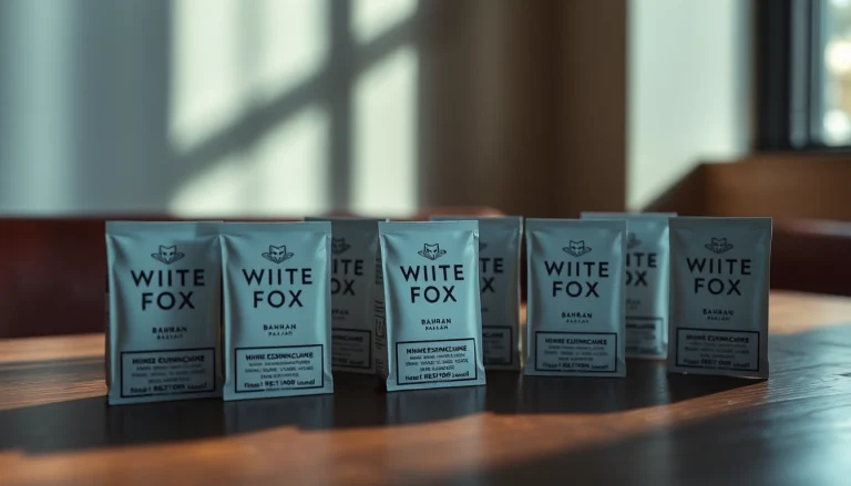 Showcasing White Fox Bahrain nicotine pouches attractively arranged on a table, highlighting their unique packaging design.