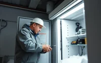 Technician performing walk in freezer repair, focusing on icy conditions and tools.