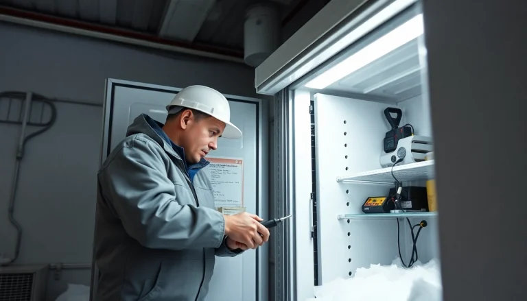 Technician performing walk in freezer repair, focusing on icy conditions and tools.