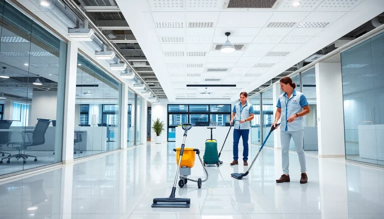 Professional cleaners providing Jacksonville commercial cleaning services in a bright, modern office setting.