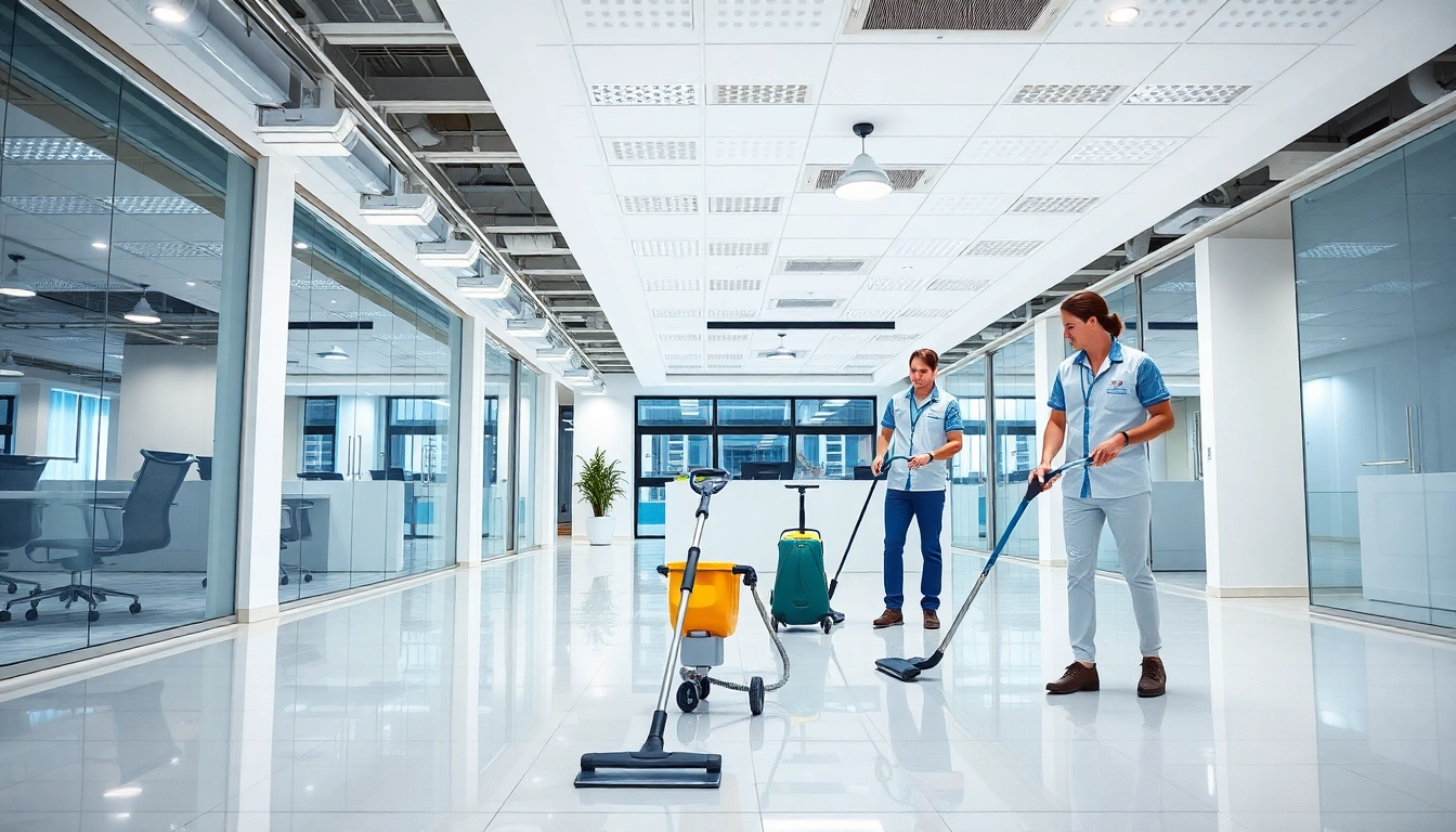 Professional cleaners providing Jacksonville commercial cleaning services in a bright, modern office setting.