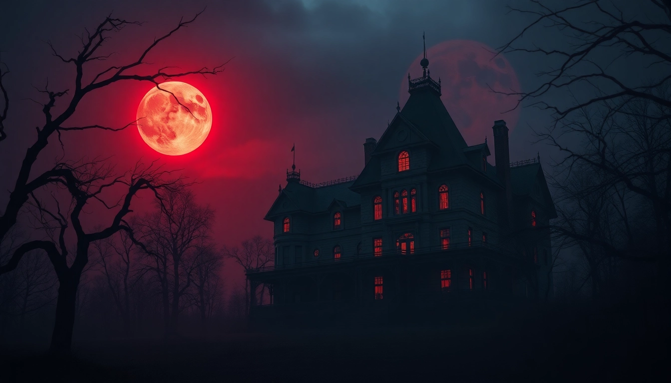 Chilling scene from HellHorror depicting a haunted mansion under a blood-red moon with endless shadows.
