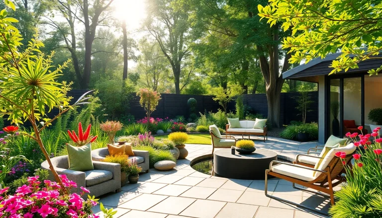 Enhance your outdoor space with a professional landscape design service featuring vibrant gardens and modern furnishings.