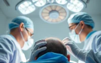 Hair transplant procedure showcasing skilled doctors performing surgery in a clean, bright environment.