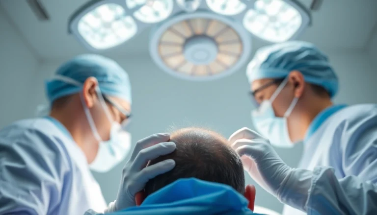 Hair transplant procedure showcasing skilled doctors performing surgery in a clean, bright environment.