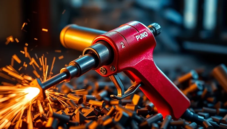 Operator using a needle gun to efficiently remove paint and rust from metal surfaces.