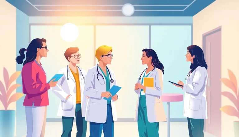 Illustration representing personalgewinnung in der pflege through diverse healthcare professionals engaging in team collaboration.
