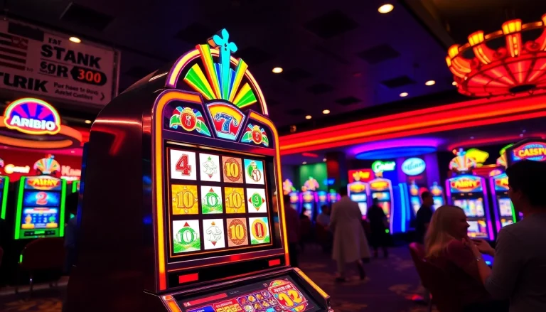 Players engaging in exciting ปั่นสล็อต action at a vibrant casino with colorful slot machines.