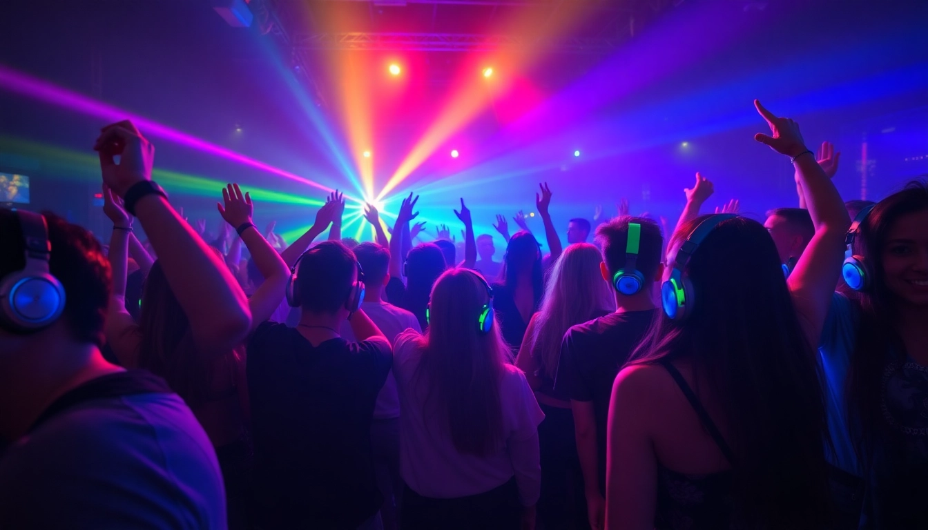 Rent silent disco equipment and enjoy a vibrant atmosphere with colorful headphones and LED lighting.