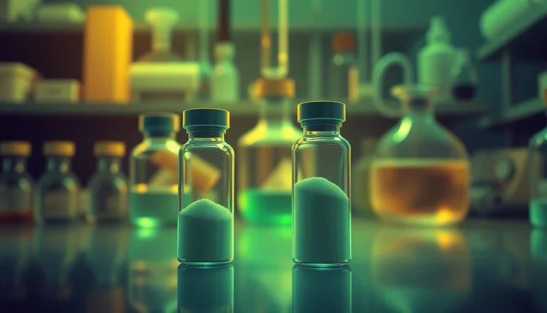 Showcase 7 hydroxymitragynine bulk in glass ampules amid a laboratory backdrop, highlighting its scientific appeal.