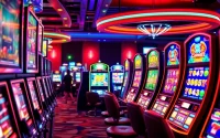Main focus on slot demo games in a lively casino atmosphere, enticing players to join.