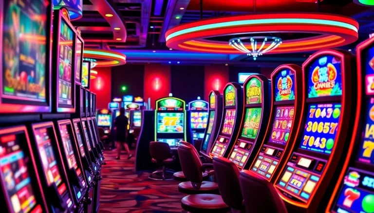 Main focus on slot demo games in a lively casino atmosphere, enticing players to join.
