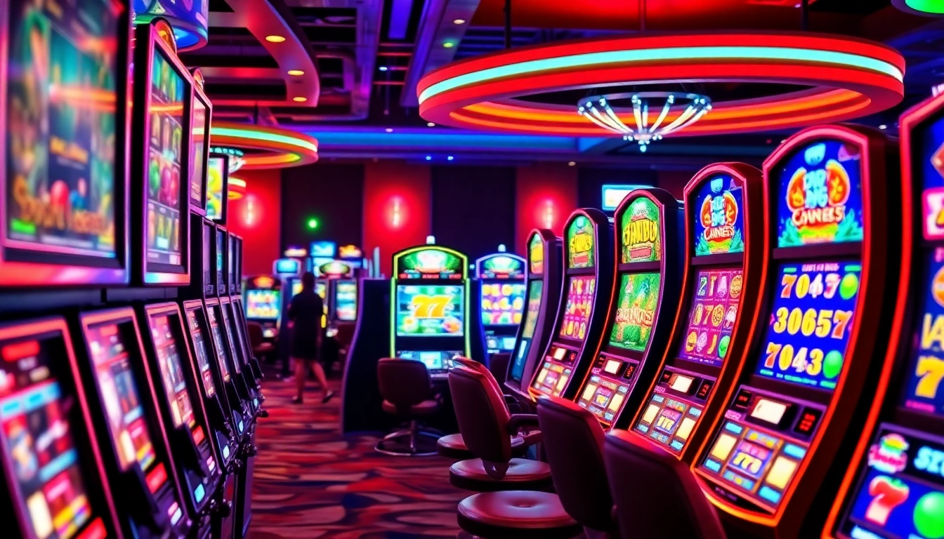 Main focus on slot demo games in a lively casino atmosphere, enticing players to join.