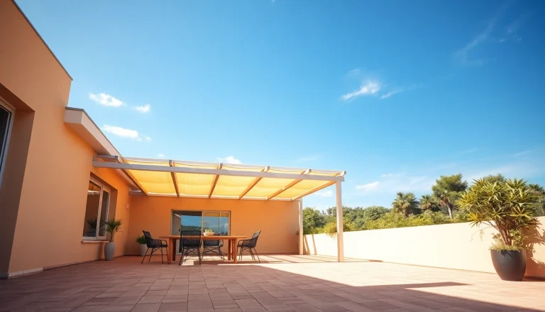 Genießen Sie eine Terrassenüberdachung mit Markise für stilvollen Schatten an sonnigen Tagen.