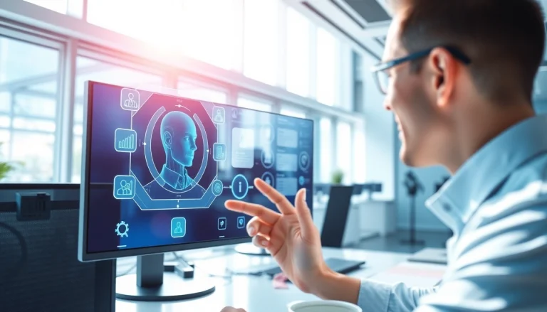 Experience interactions with Agentic Human AI in a futuristic workspace showcasing productivity and technology.