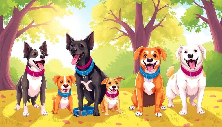 Showcasing top rated dog collars on playful dogs with vibrant colors and unique designs.