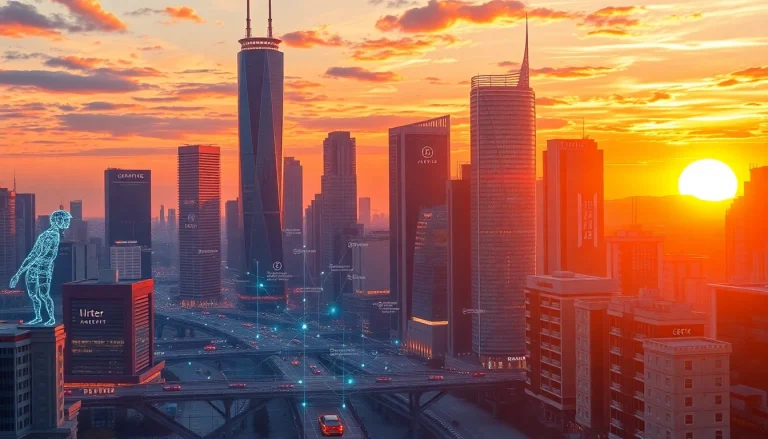Autonomous agents utilizing Agentic AI technology in a vibrant futuristic city under sunset.