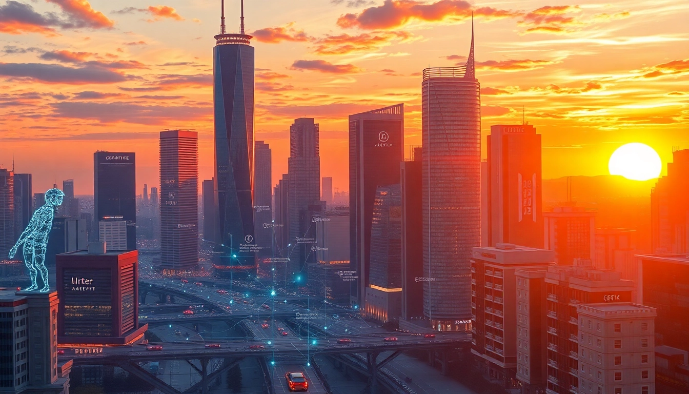 Autonomous agents utilizing Agentic AI technology in a vibrant futuristic city under sunset.