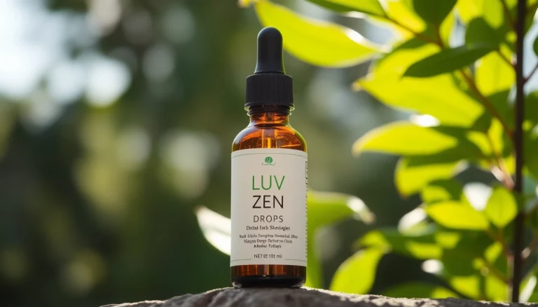 Showcasing LUV Zen Drops in a calming setting, highlighting its stress-reducing properties and natural ingredients.