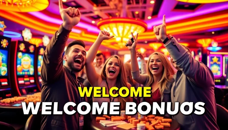 Celebrate your winning welcome bonus at an exciting casino with joyful players and vibrant energy.