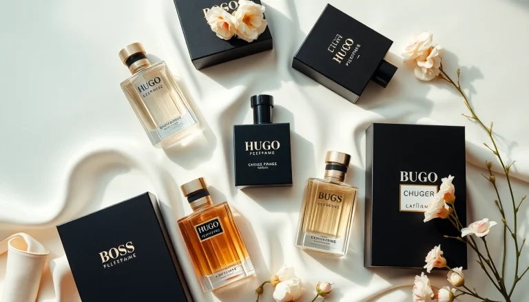 Experience the allure of Hugo Boss Perfume in a sophisticated arrangement of luxury bottles.