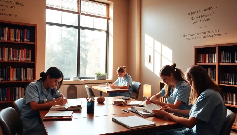 Engaged students receiving Nursing Homework Help while studying in a sunlit library.