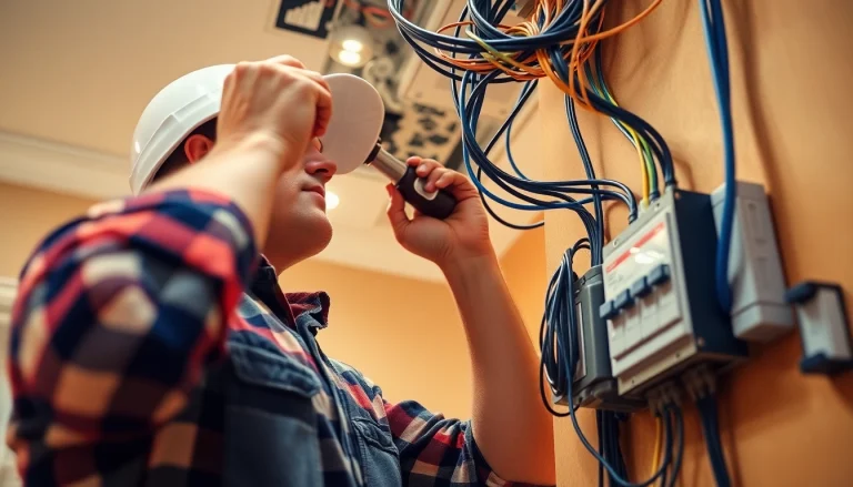 Electrician performing an electrical installation, focusing on wiring setup and components.