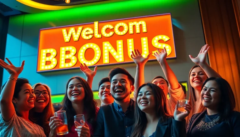 Celebrate your welcome bonus with joyful customers enjoying financial success in a vibrant setting.