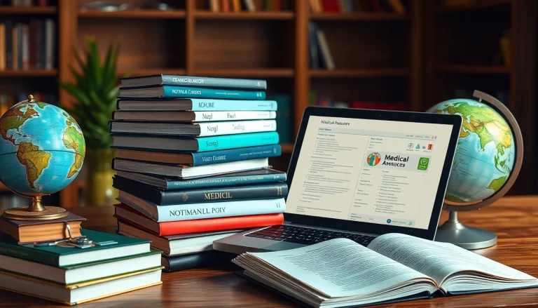 Study medicine in Australia with a well-organized study space filled with medical books and a globe.