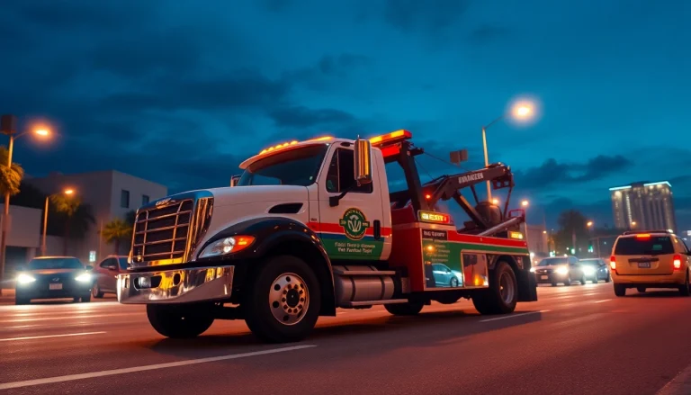 24-hour towing Tampa service in action with a tow truck ready to assist at night on a busy street.