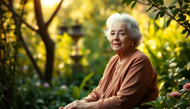 Dolores Cannon sitting in a peaceful garden, exuding serenity and wisdom as a renowned hypnotherapist.