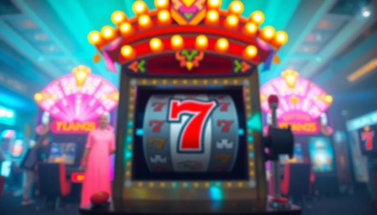 Menangkan dengan mpo slot yang berwarna-warni dan menarik, menampilkan mesin slot cerah dengan lampu brillian dan koin berkilau.