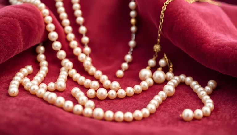 Showcase of pearl jewellery highlighting delicate necklaces and elegant earrings with a luxurious feel.