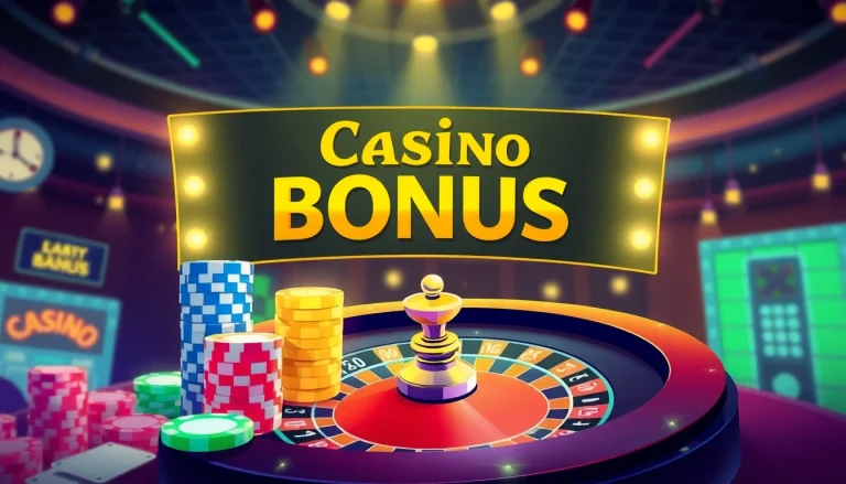 Catch exciting Casino bonus offers against a backdrop of dynamic gaming props and colorful lights.